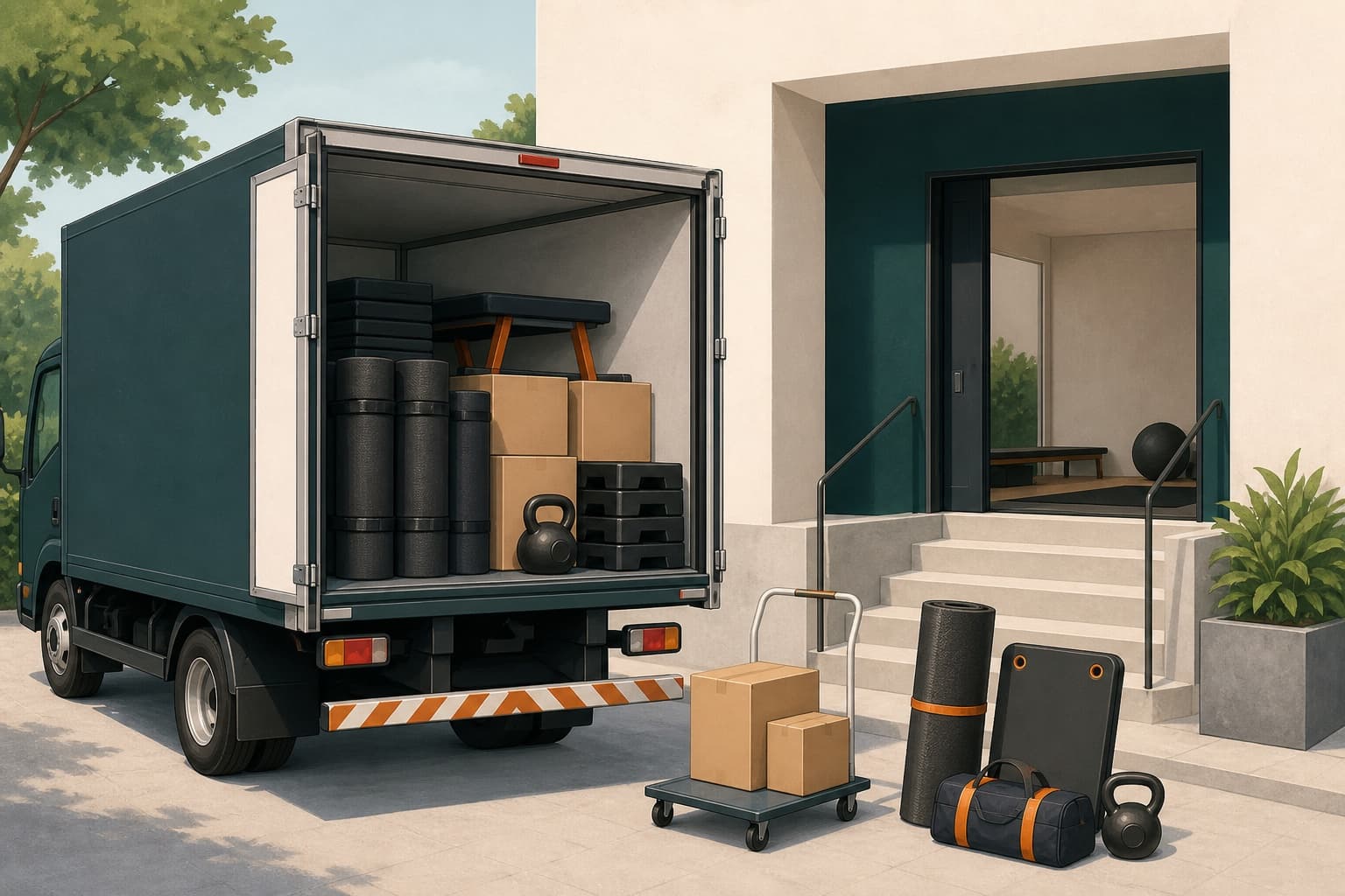 Ilustração editorial de bancos soltos, colchonetes, steps e caixas de acessórios preparados para transporte em estúdio.