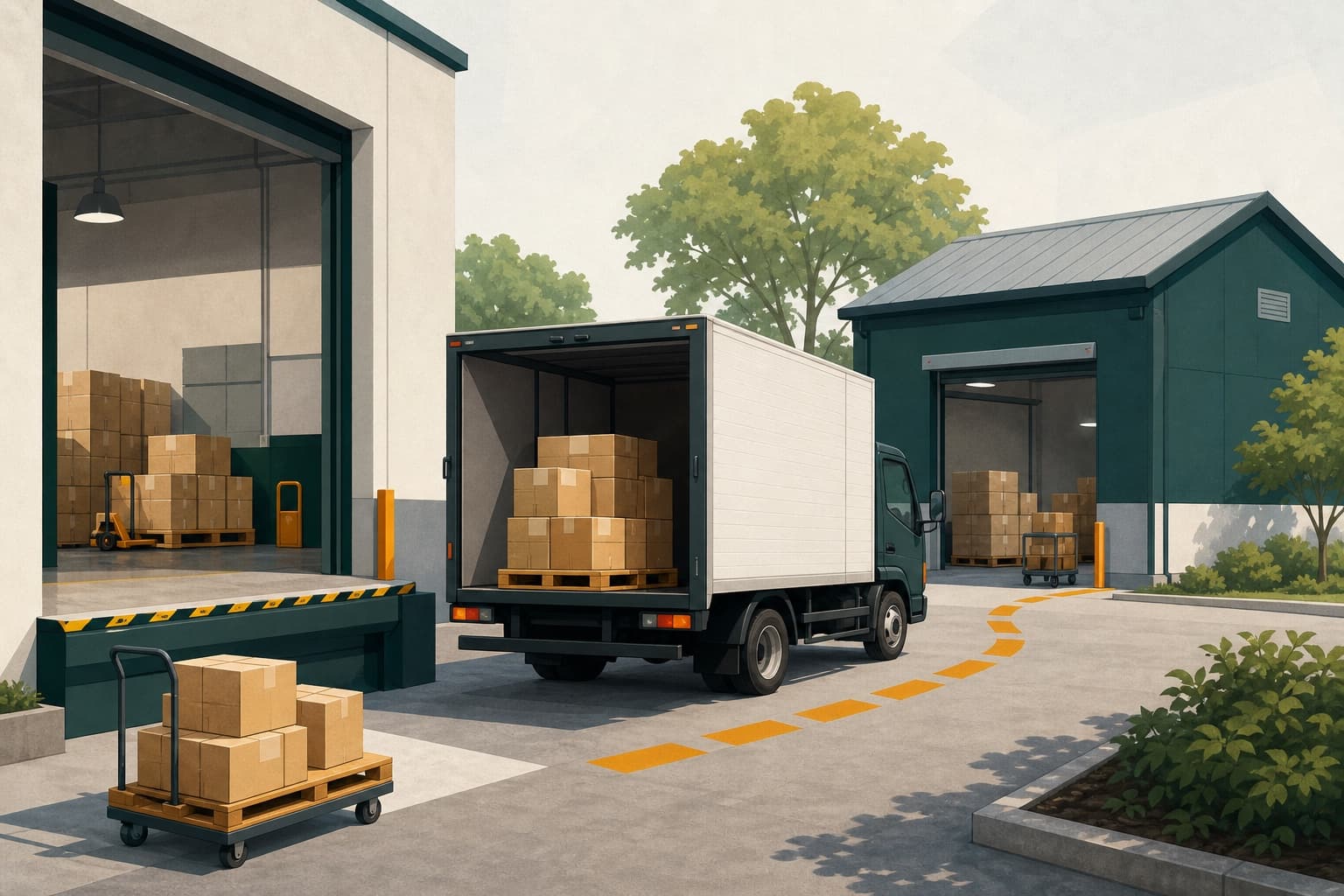 Ilustração editorial de caixas contadas, pallets estáveis e doca organizada para uma transferência entre estoques.