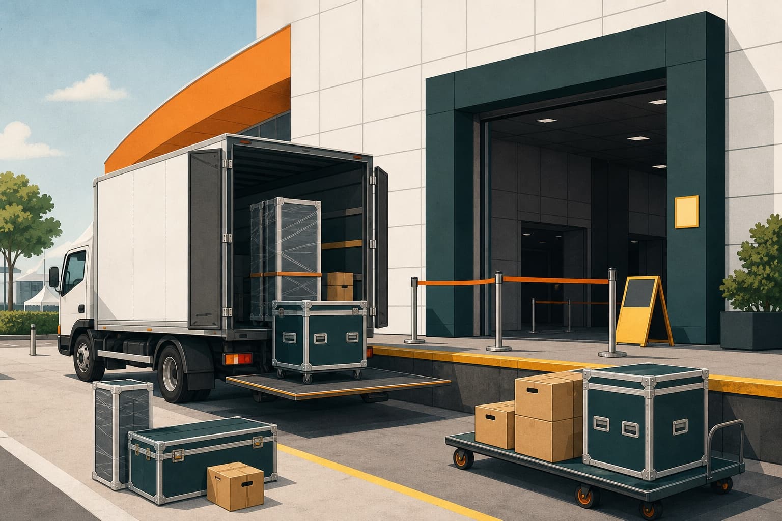 Ilustração editorial de displays desmontados, caixas de impressos e doca sinalizada para entrega em evento.