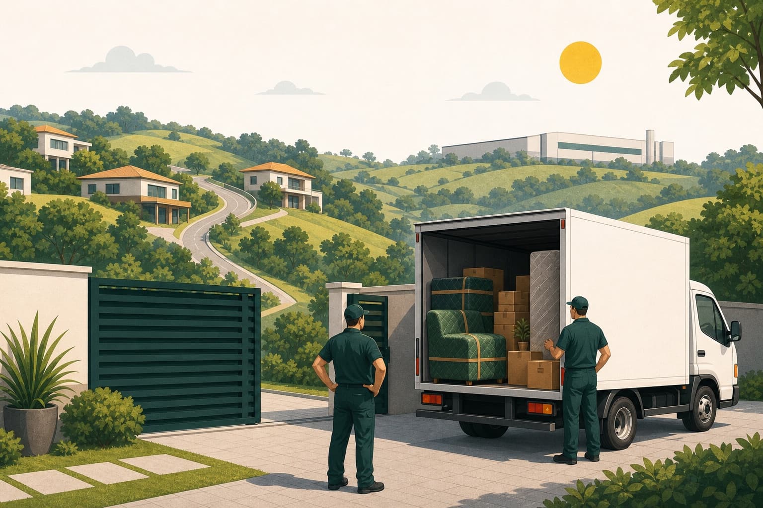 Ilustração de carreto com móveis protegidos em uma rota entre áreas residenciais de Cajamar.