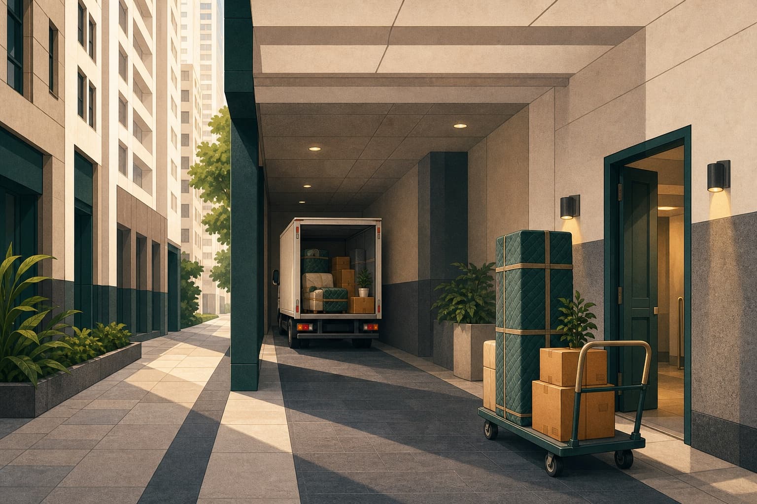 Ilustração de carreto operando por uma entrada de serviço entre edifícios na Consolação.