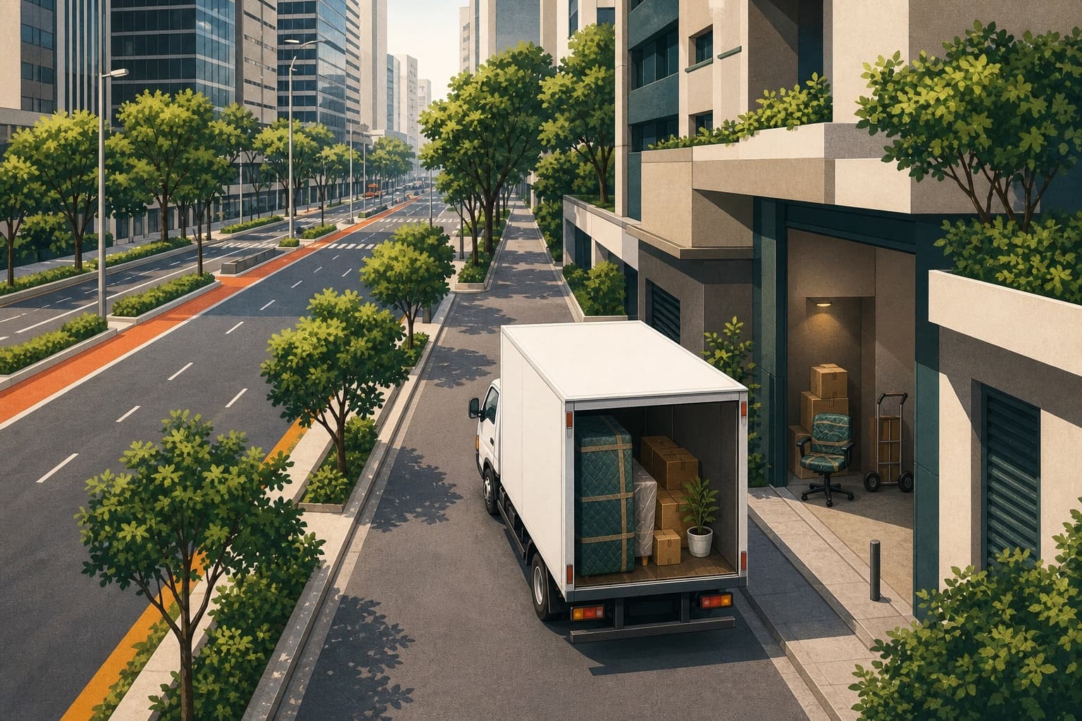 Ilustração de carreto com móveis e equipamentos de escritório junto a uma entrada lateral de edifício na Avenida Paulista.