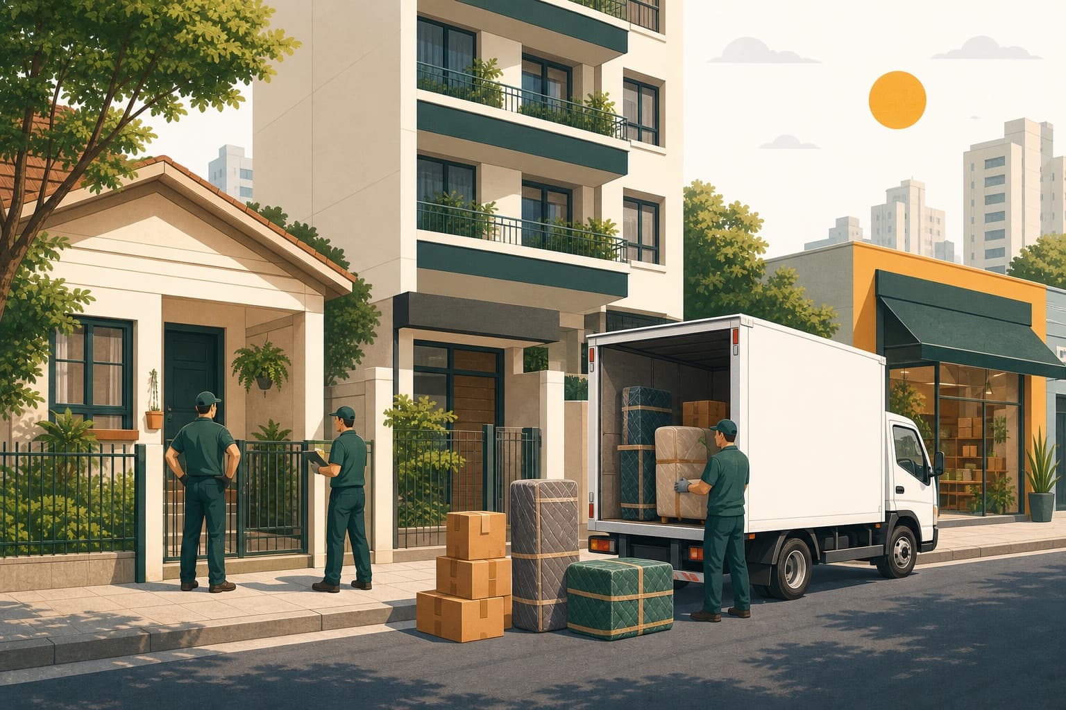 Ilustração de carreto com móveis protegidos entre um edifício e uma casa na região da Lapa.