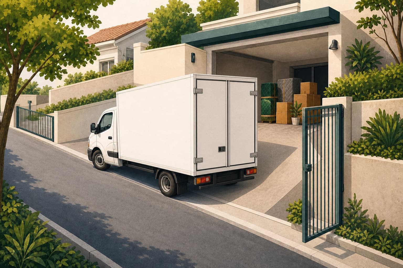 Ilustração de carreto posicionado diante de uma garagem residencial em uma rua inclinada no Pacaembu.
