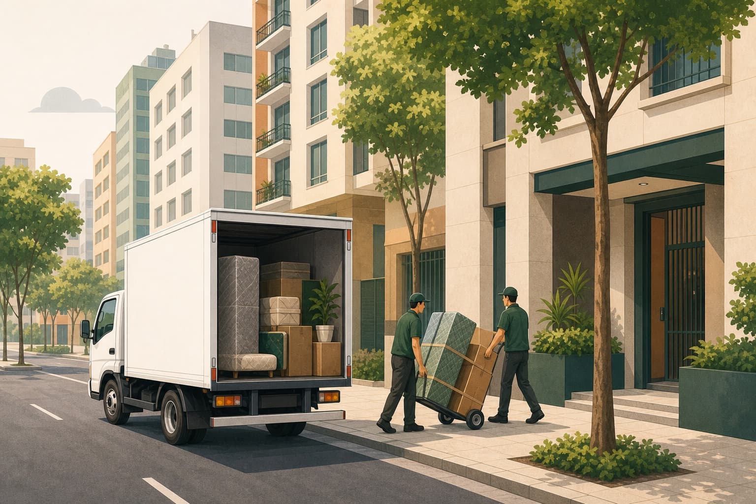 Ilustração de equipe transportando móveis protegidos entre um carreto e a entrada de um edifício na República.