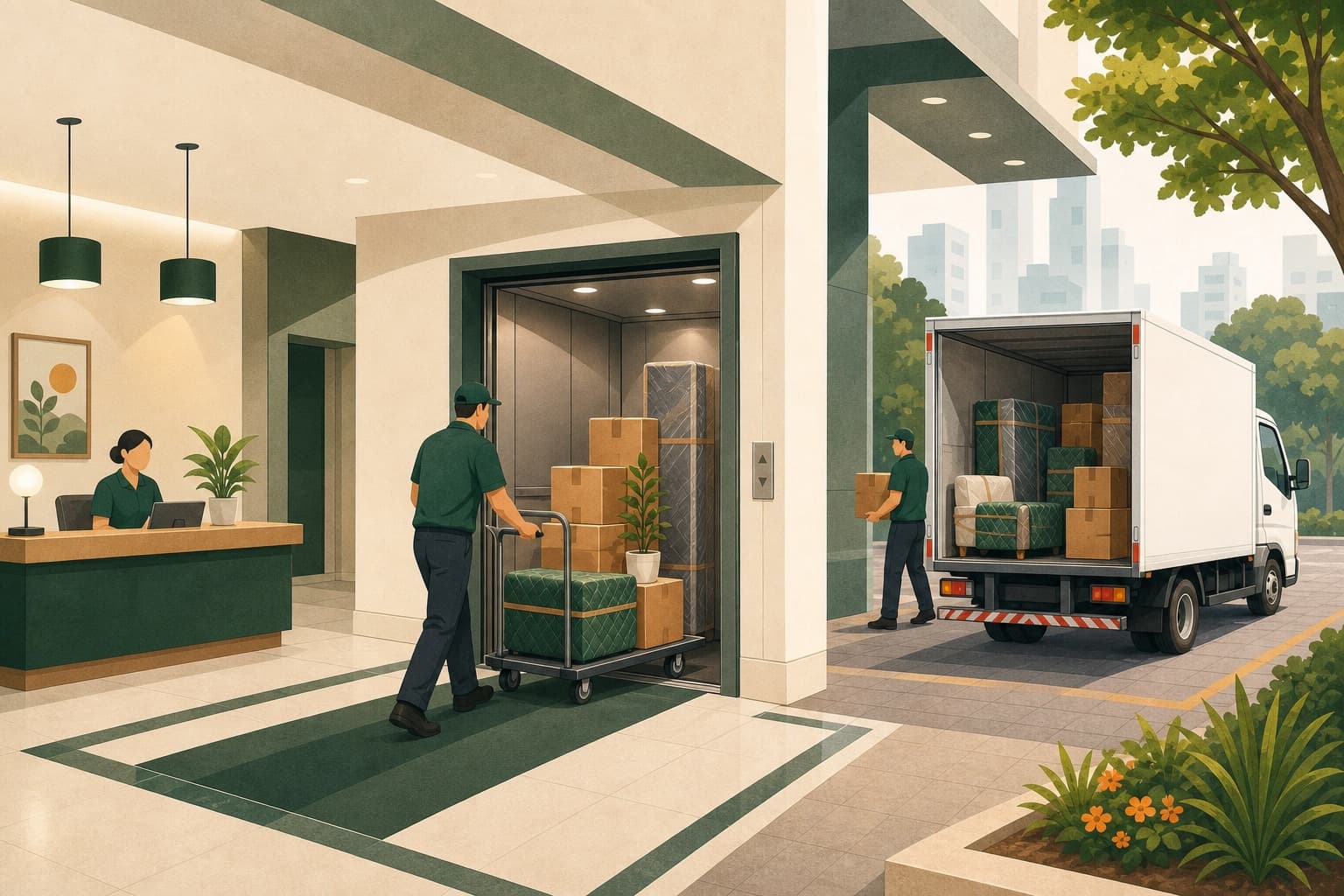 Ilustração de carreto com móveis embalados diante de um edifício residencial em Santa Cecília.
