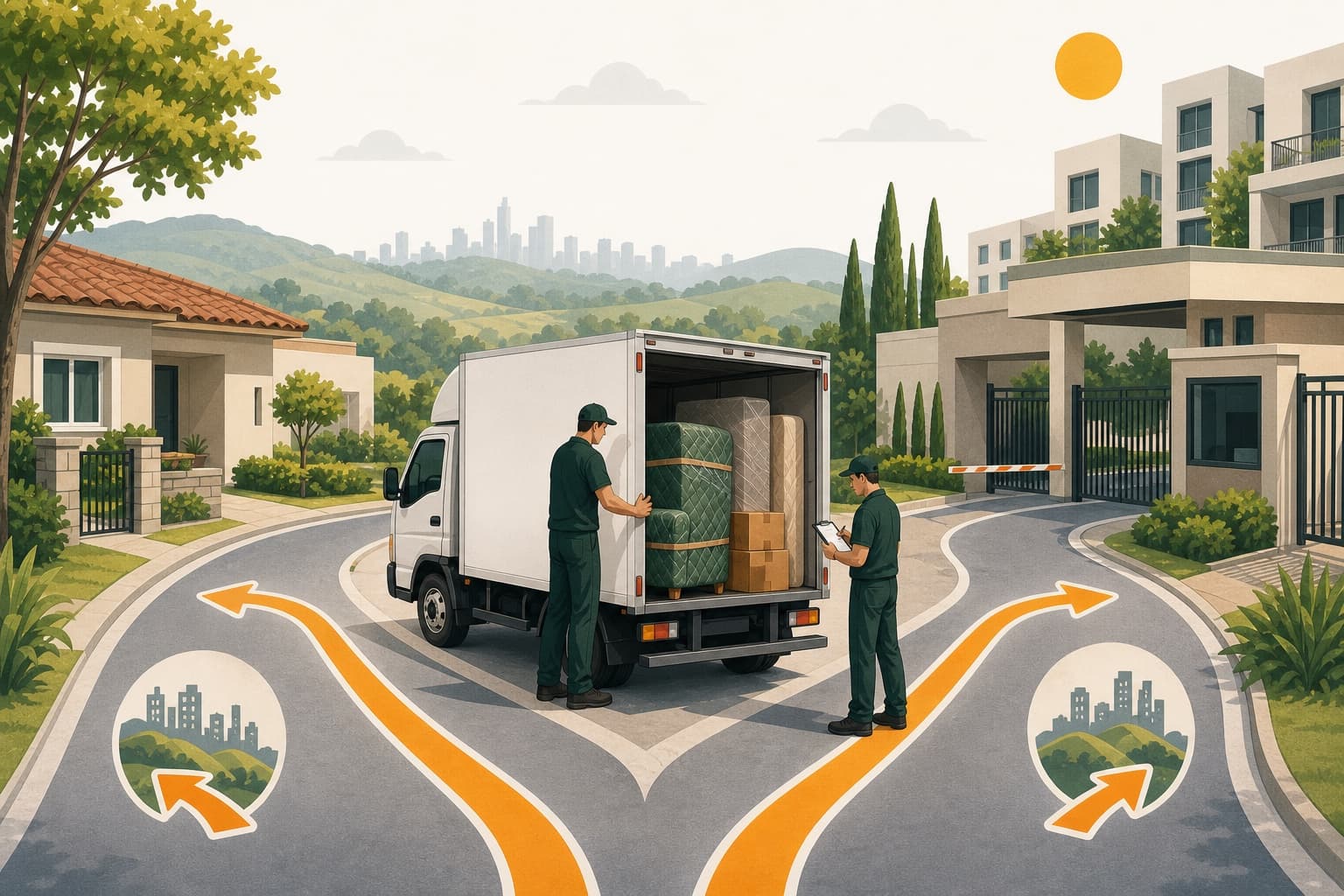 Ilustração de carreto chegando a um acesso residencial em Santana de Parnaíba antes de seguir para Osasco.