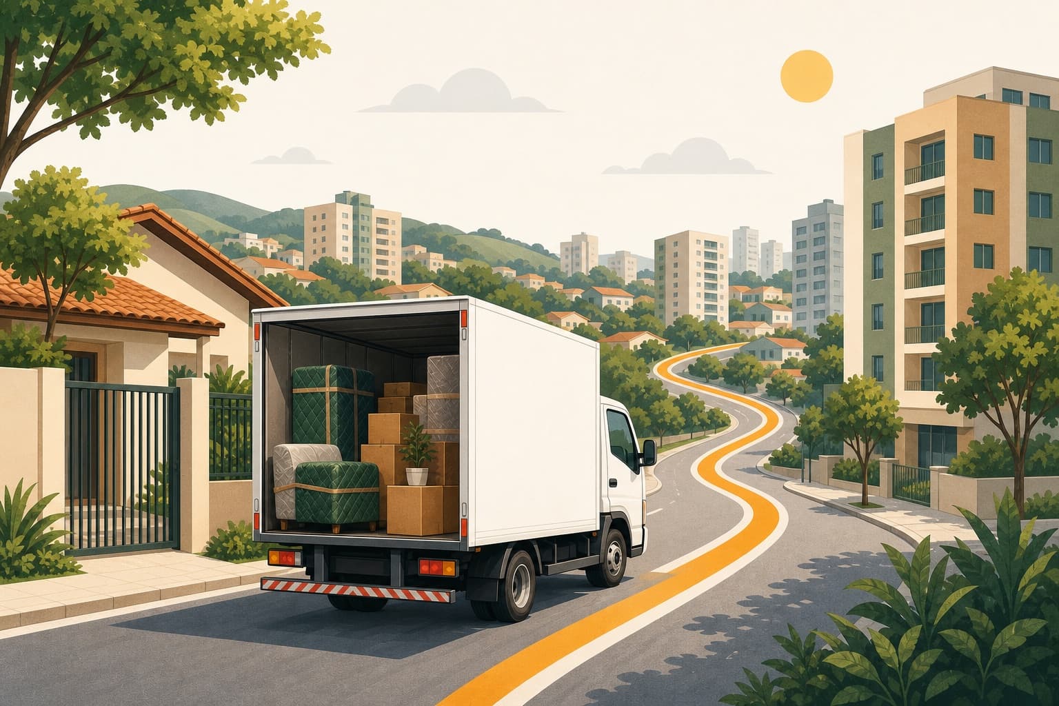 Ilustração de carreto residencial preparado para uma rota de Santo André até Mauá.