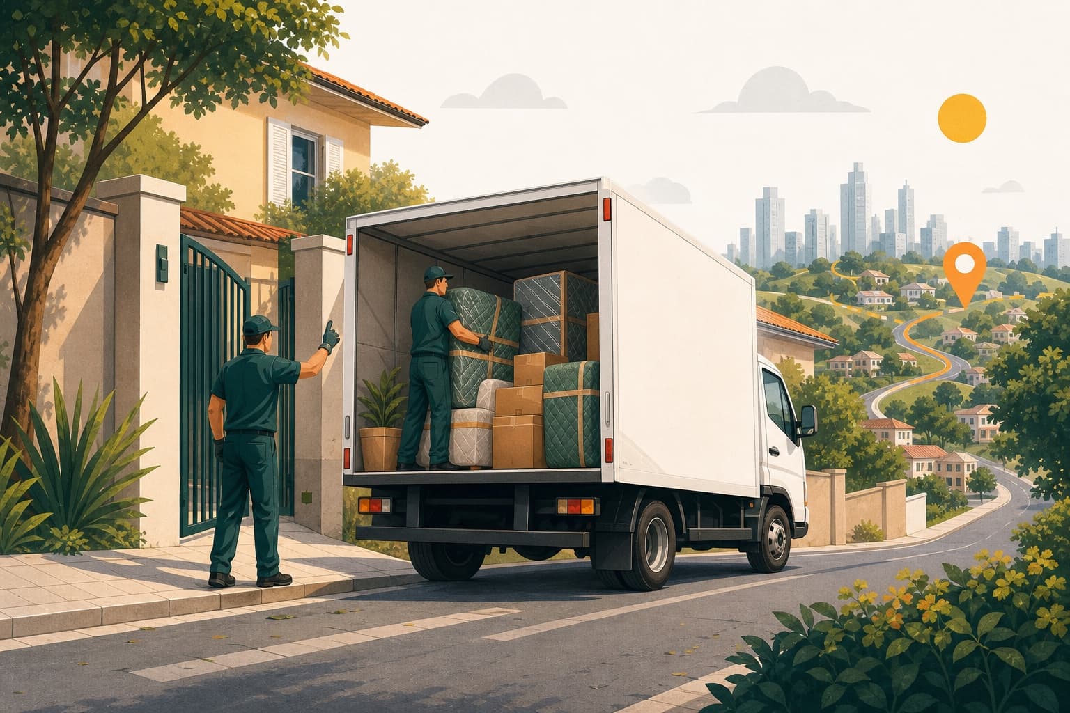 Ilustração de carreto com móveis embalados em uma rota residencial de Várzea Paulista para Jundiaí.